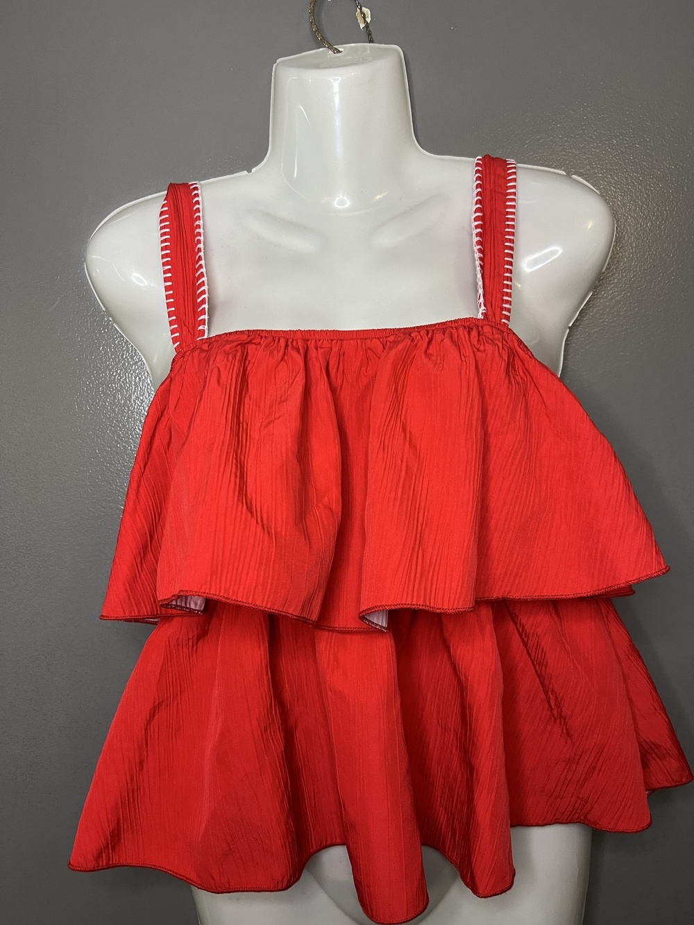 TCEC Tank Top Womens Small Red Tiered Ruffle Square Neck Cami Summer Babydoll